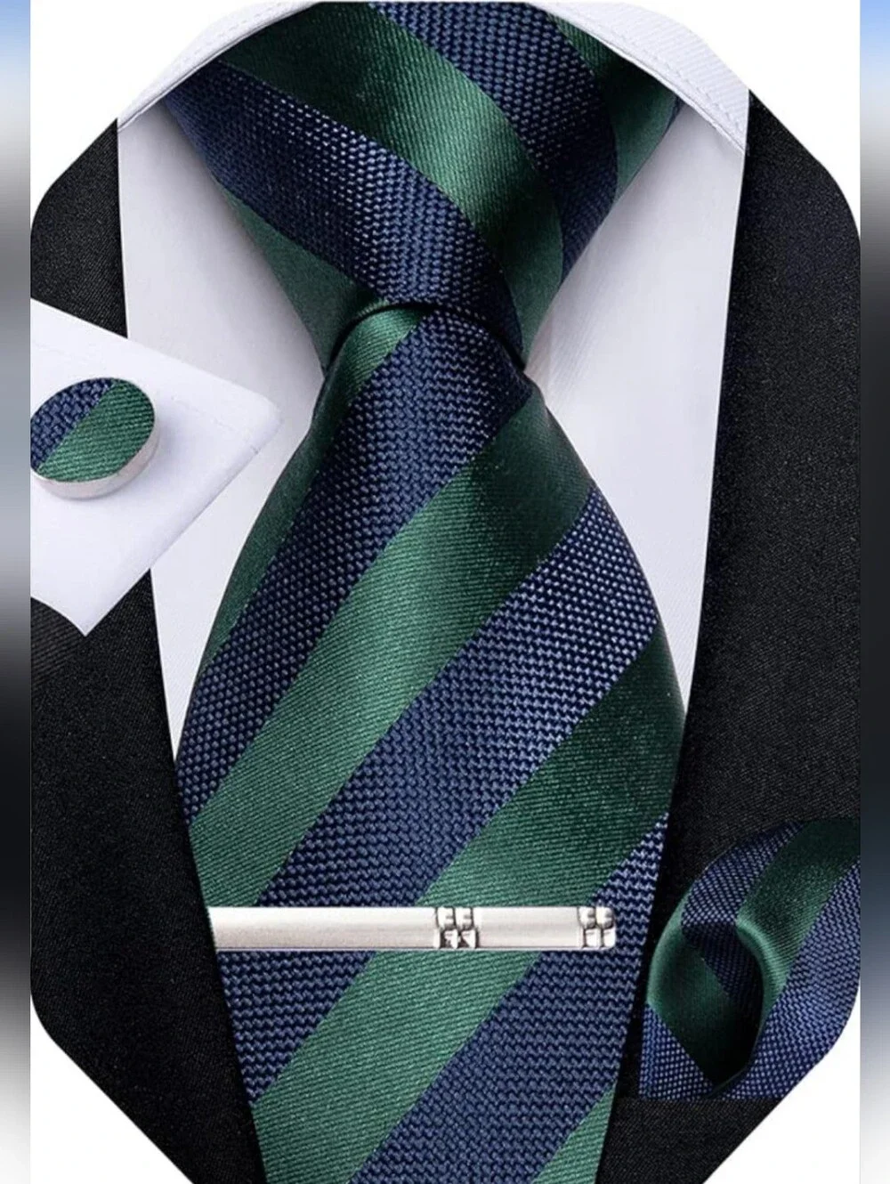 Men's Green‎ and Navy Diagonal Stripe Tie Set with Pocket Square and Cufflinks
